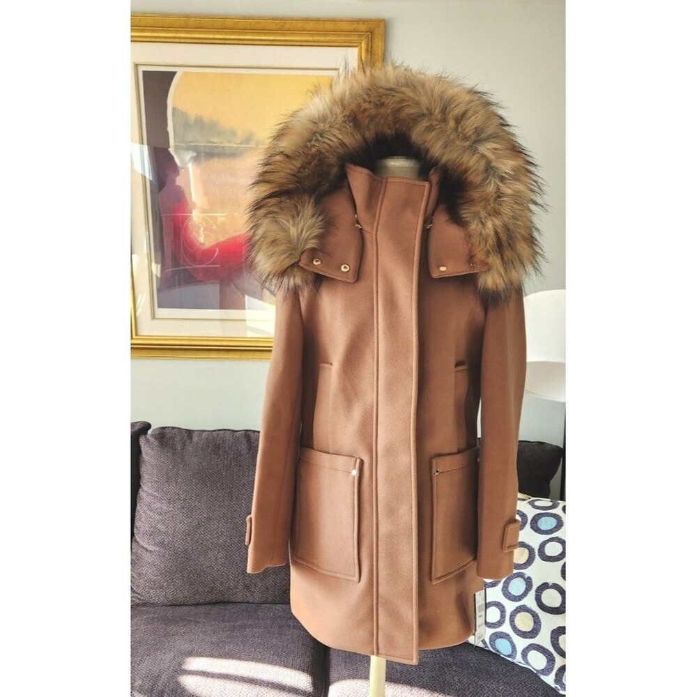 Nine West Camel Hooded Faux-Fur Trim Zip/ Snap Pea Coat Sz Sm NWT